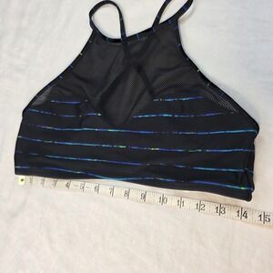 Athleta Sports Bra Bikini Top Women's LG Black Blue Stripe Racer Back Mesh Front